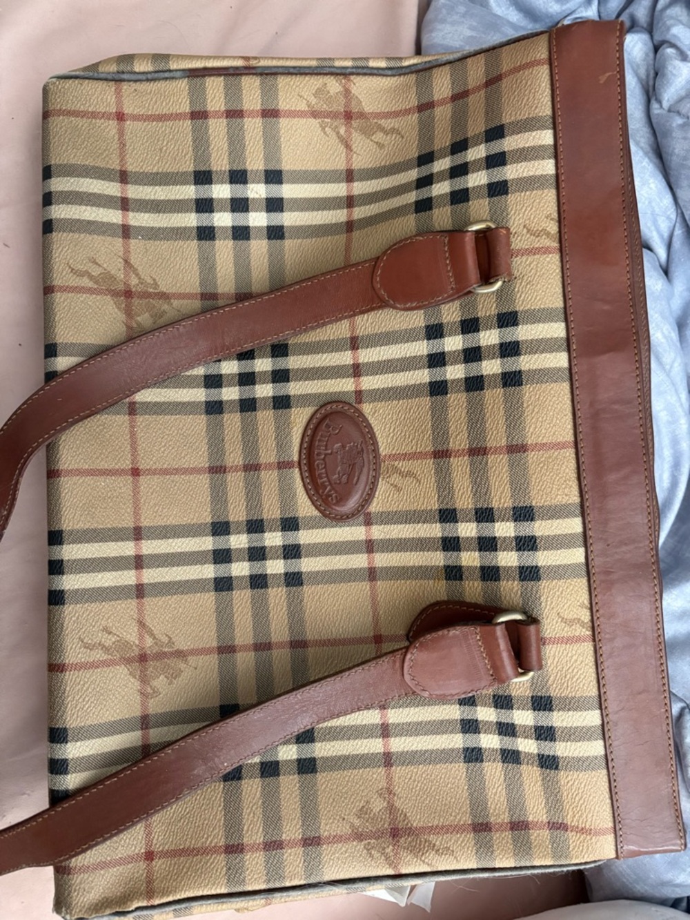 Burberry Beige Plaid Leather-Trim Shoulder Bag